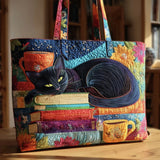 Bolsa Artesanal - Gato Negro con Libros y Tazas